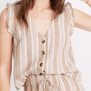 Linen- Blend Ruffle Button Front Tank Stripe